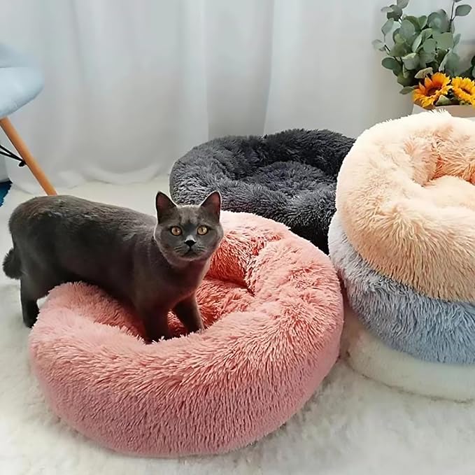 Calming Dog Bed for Small Dogs, Calming Donut Cuddler Pet Bed Anti Anxiety Round Dog Bed Fluffy Plush Faux Fur Cat Bed,Grey+White,19.7IN