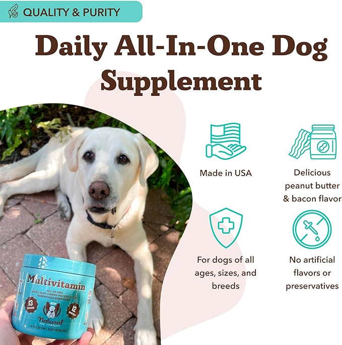 Natural Dog Company 25 in 1 Multivitamin Chews (180 Pcs) Dog Vitamins & Supplements, Peanut Butter & Bacon Flavor, Dogs, Supports Immune System, Antioxidant, Vitaminas para Perros, Multi Dog Families
