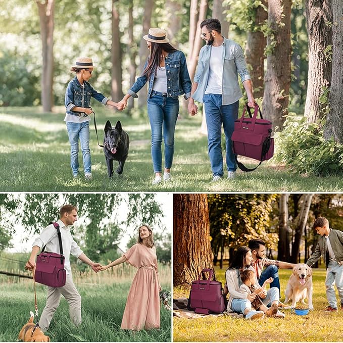 Airline Approved Pet Travel Bag, Weekend Travel Set for Dog and Cat, Airline Approved Tote Organizer with Multi-Function Pockets, 2 Dog Food Storage Containers, 2 Collapsible Bowls (Rose Red)