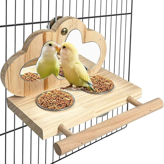 Tfwadmx Bird Parrot Wooden Feeding Cups, Small Bird Feeding Dish Cups Stainless Steel Birds Bowls Food Water Bowls with Food Holder for Cockatiel Parakeet Macaw Finches Lovebirds