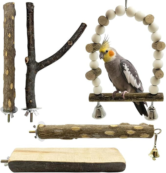 5Pcs Natural Wooden Bird Perch Set – Parrot Perch Toys, Bird Cage Toys, Cage Accessories for Budgies, Cockatiels, Lovebirds, Finches, and Other Small to Medium Birds