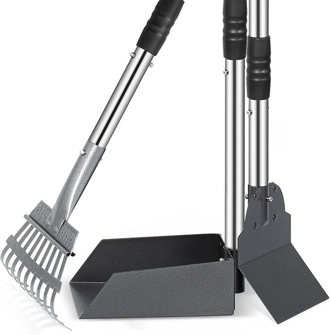 Heeyoo Dog Pooper Scooper, Dog Poop Tray and Rake Set, Pet Waste Removal Scoop with Long Adjustable Sectional Stainless Handles