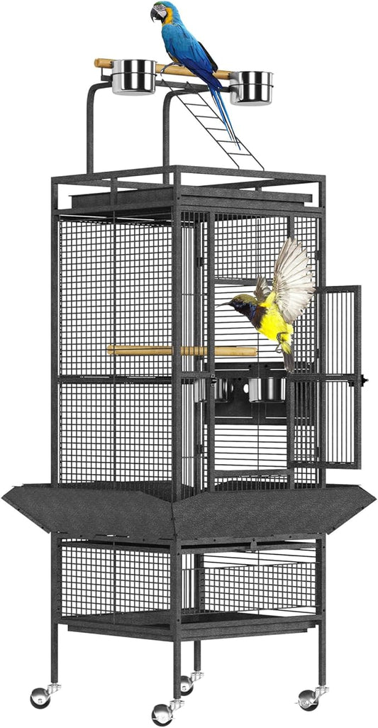 61 Inch Large Bird Cage Rolling Wrought Iron Parrot Cage with Play Top & Bowls for Mid-Sized Parrots Cockatiels Conures Parakeets Lovebirds Budgie Finch Dark Grey