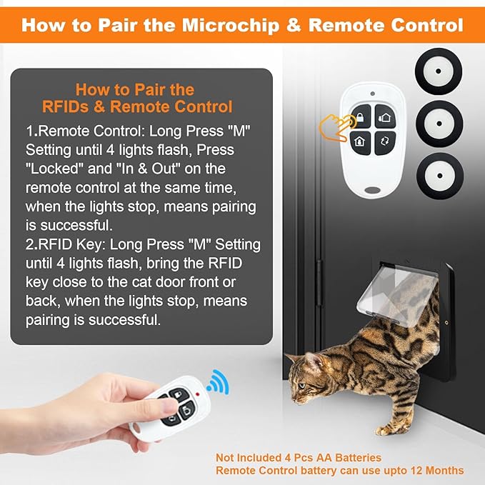 Smart Cat Door with 3 Collar Sensor, RFID Cat Door Collar Activated with Remote Control, 4 Way Locking Cat Flap Automatic Pet Door (Black)