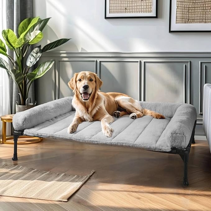 Veehoo Cooling Elevated Dog Bed with Fluffy Plush Bolster Cushion, Indoor Raised Dog Beds for Large Dogs, Soft Pet Sofa Cot with Removable Washable Mat, No-Slip Feet, 42 x 30 inches, Grey