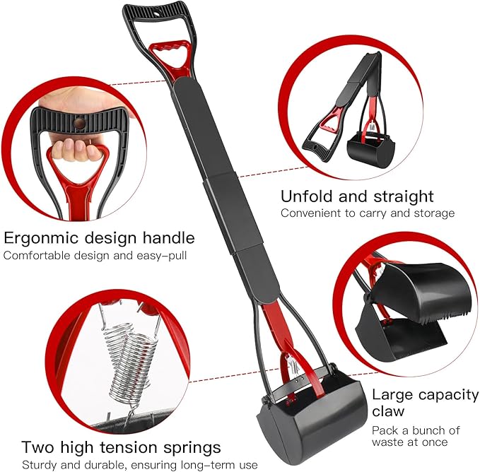 UPSKY 32'' Pooper Scooper for Large Small Dogs, Long Handle Dog Poop Scooper with Waste Bags, Portable Dog Poop Pick Up Tool, Folding Poop Scoop for Yard, Grass, Dirt, Gravel