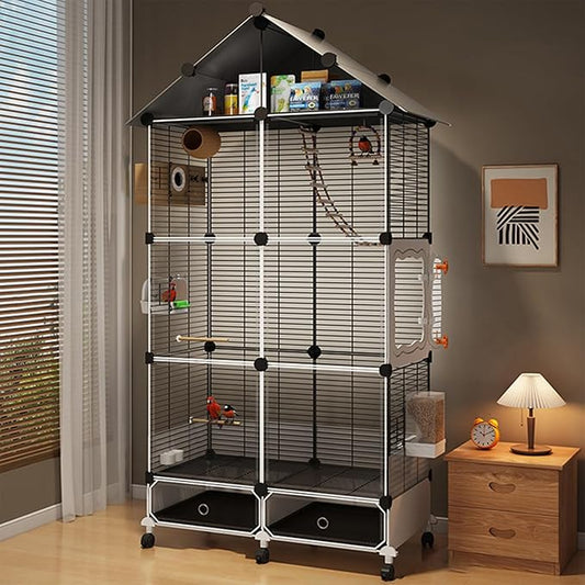 Large Parrot Cage with Acrylic Doors, 4 Casters, Perch & Feeder, Detachable Drawer, Ideal for Cockatiels, Budgies, Conures, Indoor/Outdoor Use – Spacious White Birdcage(Black,72 * 36 * 170)
