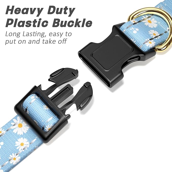 Reflective Dog Collar for Small Dogs, Cute Daisy Theme Adjustable Heavy-Duty Nylon Puppy Collar for Boy and Girl Female, Soft Pet Accessories with Quick Release Buckle, Neck 10-16", Blue