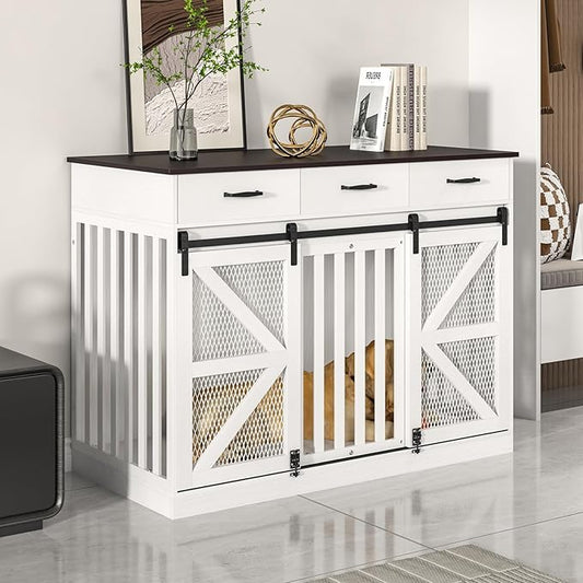 2-in-1 Farmhouse Dog Crate Furniture - Wooden Large Dog Kennel with Drawers Storage - Double Doors - Indoor TV Stand - Inner Height: 24 Inches - Ideal for One Big Dog or Two Small Dogs