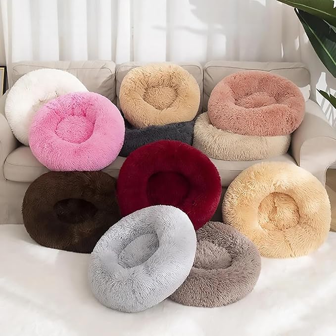 Calming Dog Bed for Small Dogs, Calming Donut Cuddler Pet Bed Anti Anxiety Round Dog Bed Fluffy Plush Faux Fur Cat Bed,Navy Blue,19.7IN