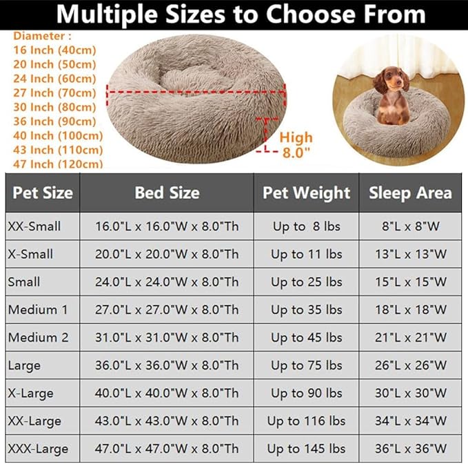 Calming Large Dog Bed & Cat Bed, 43 Inch Anti-Anxiety Donut Dog Cuddler Cat Bed, Warming Cozy Soft Dog Round Bed, Fluffy Faux Fur Machine Washable Pet Cushion for Medium Dogs & Cats (White)