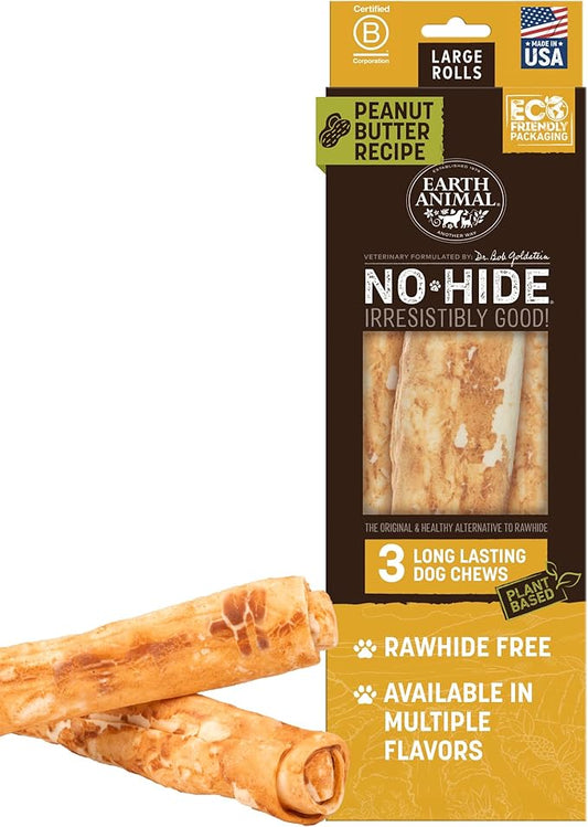 Earth Animal No Hide Chews - Long Lasting Rawhide Free Large Dog Chews Rolls, Peanut Butter - 3 Count Value Pack