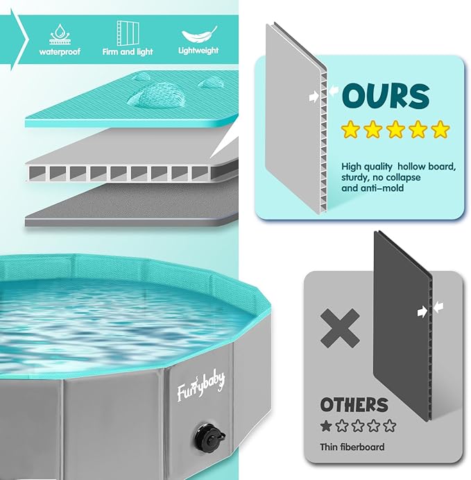 Furrybaby Foldable Dog Pool, Kiddie Pool Hard Plastic, Collapsible Pet Bath Portable Dog Swimming Pool for Pet, Dogs and Cats Grey 32''