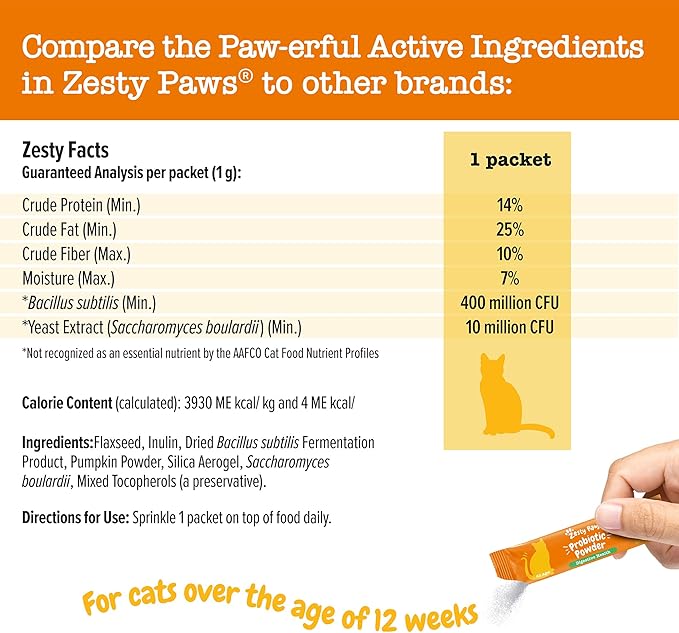 Zesty Paws Powder Probiotics for Cats - Meal Topper for Digestive, Immune System Support for Feline Biome - Premium DE111 Cat Probiotics for Digestive Health - Fiber & Yeast Extract - Pumpkin - 30 Ct