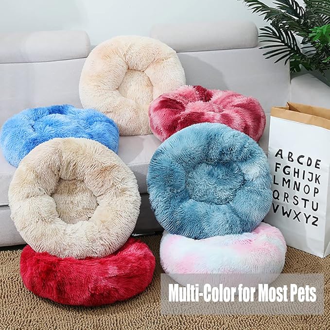 Calming Faux Fur Dog Beds Calming Donut Cuddler Dog Bed Washable Round Cat Bed Pillow Cuddler Fluffy Indoor Dog Calming Beds with Anti Slip Bottom Solid Color Light Pink 21 Inch