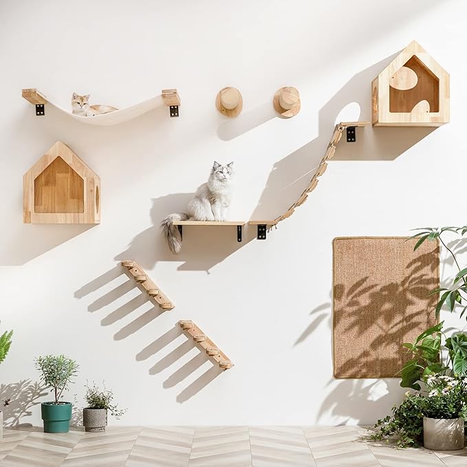 FUKUMARU Cat Wall Furniture, 2 PCS Climbing Shelves Set, Solid Rubber Wood Cat Shelf, Cats Perches for Wall Sleeping, Playing, Jumping and Lounging, 16 inch Drywall Installation