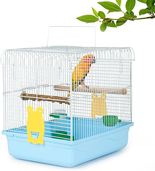 Small Bird Cage, Lightweight for Parakeets, Hanging for Parrot, Travel for Cockatiel, Outdoor Budgie, Pet Products Flat Top Economy Small Animal Cage with Stand Accessories with White Wire, Blue