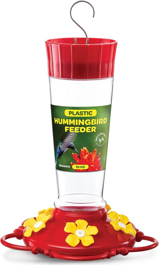 Hummingbird Feeder 10 oz Plastic Hummingbird Feeders for Outdoors, with Built-in Ant Guard - Circular Perch with 5 Feeding Ports - Wide Mouth for Easy Filling/2 Part Base for Easy Cleaning