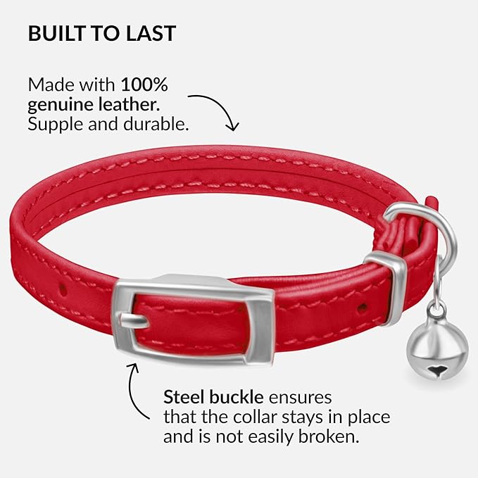 CollarDirect Leather Cat Collar with Bell - Kitten Collar, Small and Big Cat Strap for Boy Cats, Girl Cats with Safety Elastic Strap (Neck Fit 6"-7", Red)