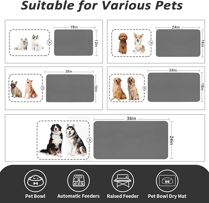 Dog Food Mat - Absorbent Cat Mat for Food and Water, No Stains Pet Feeding Bowl Mat, Easy to Clean Pet Placemats, Quick Dry Dog Water Dispenser Mat for Messy Drinkers | Dark Grey 12"x 19"