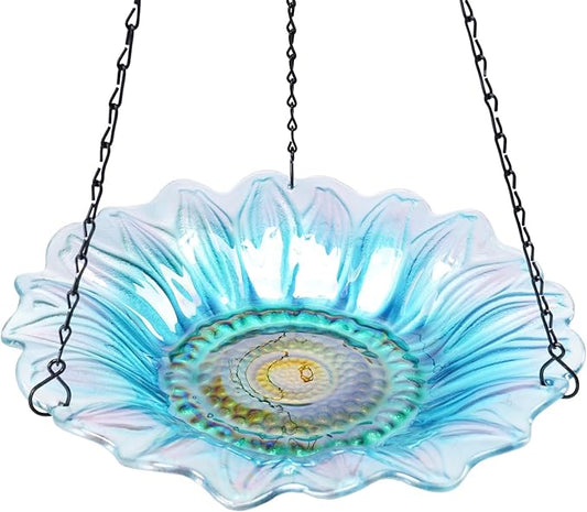 VCUTEKA Bird Bath, Glass Hanging Bird Baths for Outdoors Birdfeeder with 21 inch Rust-Proof Chain for Garden Yard Decor, Blue Daisy