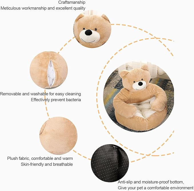 Dog Sofas & Chairs, pet Shape Sofa, Slip Resistant Dog cat Furniture, Adorable Bear Shaped Pet Sofa Bed, Washable Dog cat Couch, Plush Soft Couch for Dogs and Cats XL(bottomDiameter77cm) Brown+mat