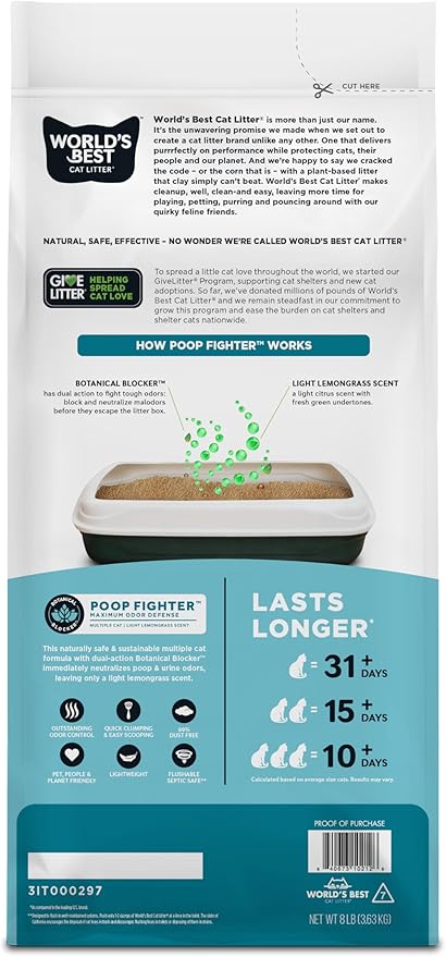 WORLD'S BEST CAT LITTER Poop Fighter Maximum Odor Defense, 8-Pounds - Natural Ingredients, Quick Clumping, Flushable, 99% Dust Free & Made in USA - Long-Lasting Odor Control & Easy Scooping
