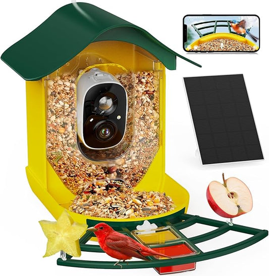 PeckCam® Smart Bird Feeder with Camera 2K HD Auto Detect & Notify, AI Identify 10000+ Birds Camera with Solar Panel 5 Perch Attachments Wireless Outdoor Birdwatching Gift for Birds Lover, Yellow