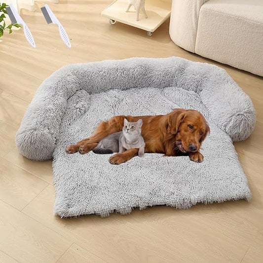 Dream Cloud Pet Sofa Bed for Dogs Cats, 2026 Washable Removable Calming Fluffy Plush Mat for Furniture Protector, Long Fur Non-Slip, for Small/Medium/Large Home Pets (Grey, XL: 47.2 * 37.4IN)