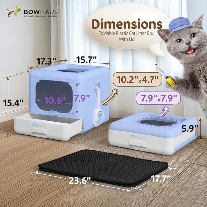 Foldable Cat Litter Box w/Lid, Scoop & Mat, Drawer Design Cat Toilet for Kitten, Two-Way Entry Kitty Litter Box, Odor Control & Easy to Clean, Blue