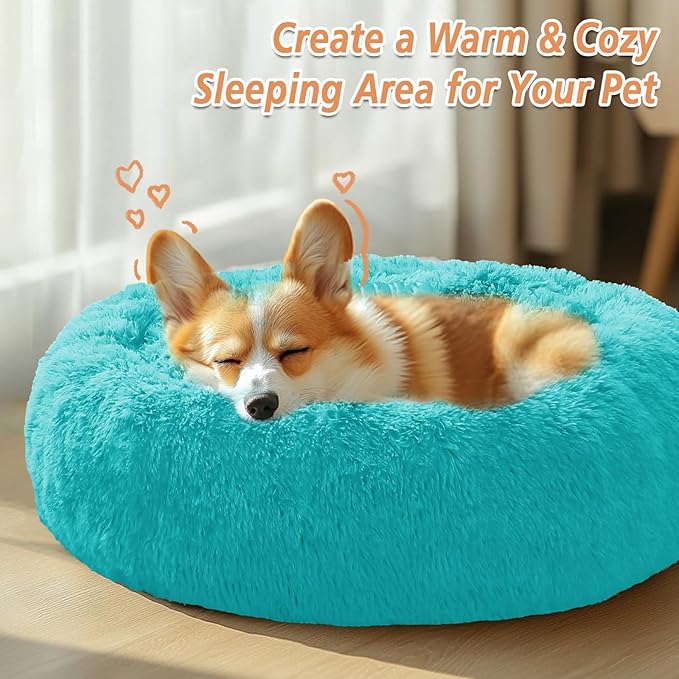 JOLLYVOGUE Medium Calming Dog Bed, Anti-Anxiety Donut Cuddler Cat Bed with Anti-Slip Bottom, Fluffy Faux Fur Machine Washable Pet Cushion for Medium Large Dog & Cat (31")