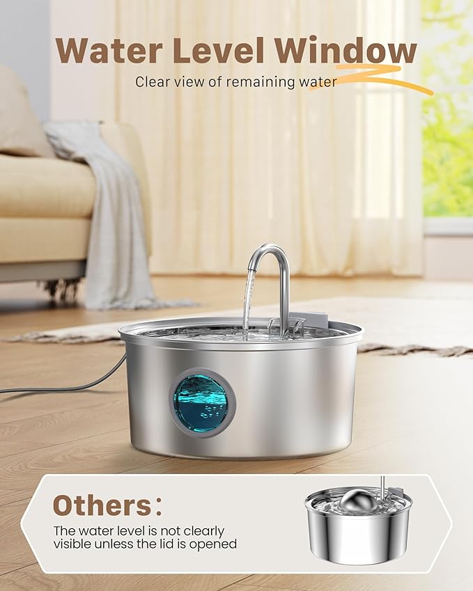 Cat Water Fountain Stainless Steel: Cat Fountain for Drinking - 108oz/3.2L Pet Water Fountain for Cats Indoor - Quiet Water Fountain for Cats - Faucet Pet Fountain - Contains 6 Filters + 3 Sponges