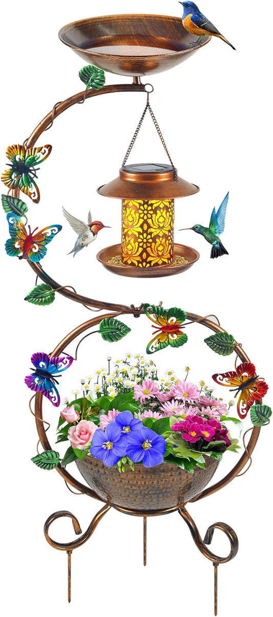 Metal Birdbath with Flower Planter Pedestal and Solar Bird Feeders Combo for Outdoor, Decorative Bird Bath with Butterfly for Garden Yard Outside