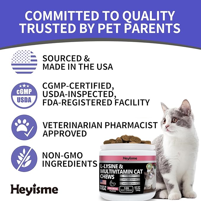 Lysine Supplement for Cats, Cat Treats for Sneezing and Runny Nose, Cat Cold, Cat Immune Support, Eye Function, and Respiratory Health, L-Lysine cat Vitamins for Cats (120 Pills, Salmon)