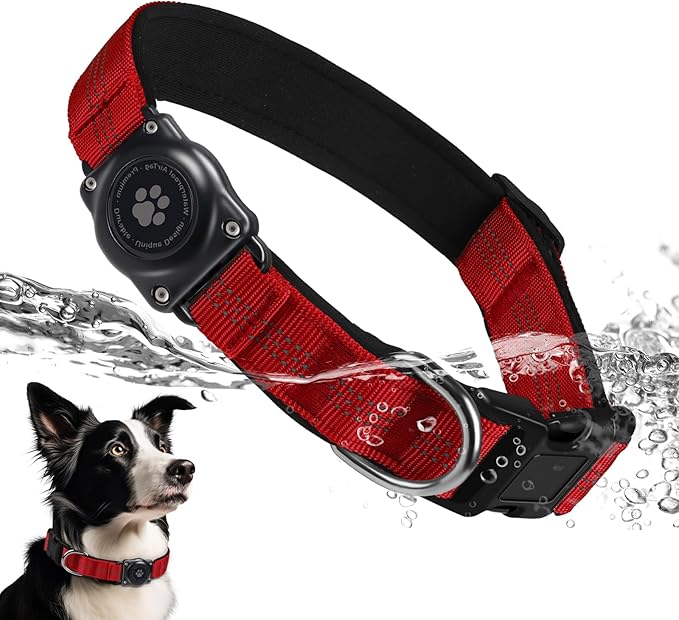Upgraded AirTag Dog Collar, IP68 Waterproof Air Tag Dog Collar Holder, Reflective, Ultra-Durable, Comfortable Padded, Heavy Duty Dog Collars for Small Medium Large Dogs (S (10.6"-13.6"), Red)