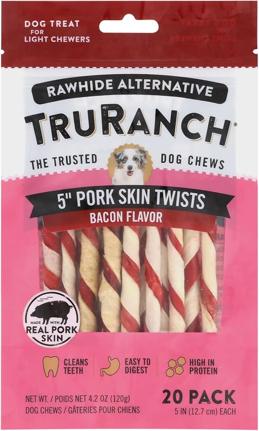 TRURANCH 5" Pork Skin Twists - Collagen Chews for Dogs - Bacon Flavor - Made with Real Pork Skin - Rawhide Alternative - Limited Ingredient - Easy to Digest Treat, 1 Bag, 9 Count