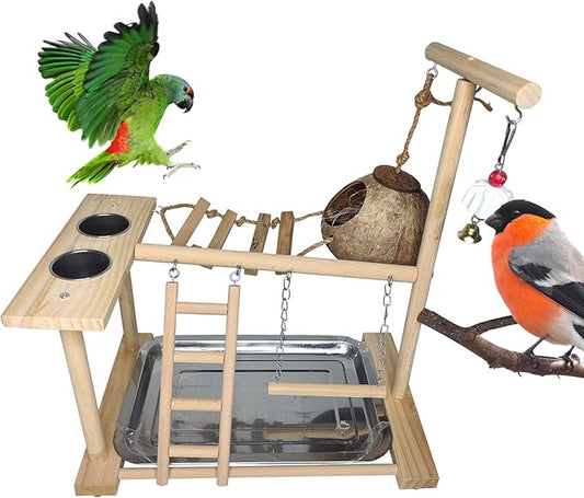 Parakeet Playground Bird Play Stand Natural Wood Perch Gym Parrots Nest Climb Swing Ladders with Feeder Cups Lovebirds Cage Accessories Toy Exercise Activity for Conure Cockatiel Lovebirds