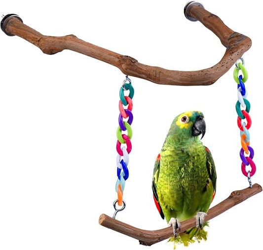 Bird Swing Toys, Standing Bird Perch with Natural Grape Wood, U Shape Hangable Birdcage Accessories, Birds Chewing Toy for Budgerigars, Parakeets, Cockatiels, Conures, Lovebirds, Finches (1Pack)