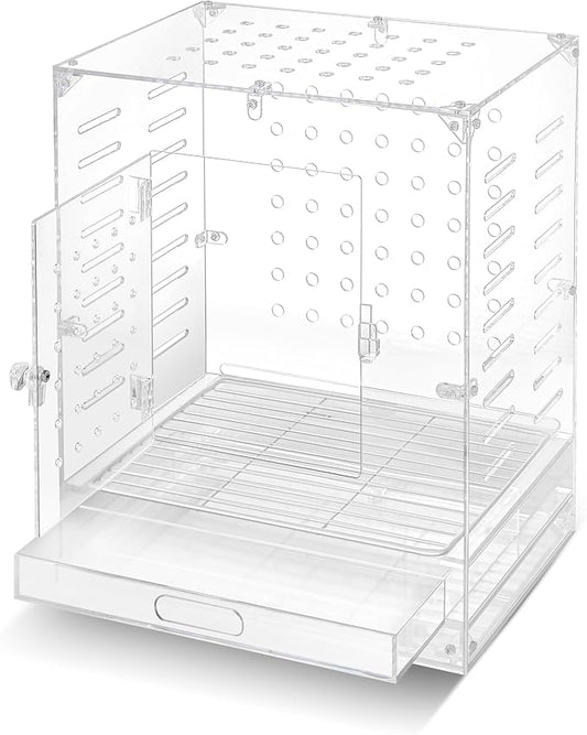 Clear Acrylic Bird Cage for Small Birds, Transparent Display Habitat for Finch, Canary, Parakeet - Easy to Clean & Assemble (9x12x15in)