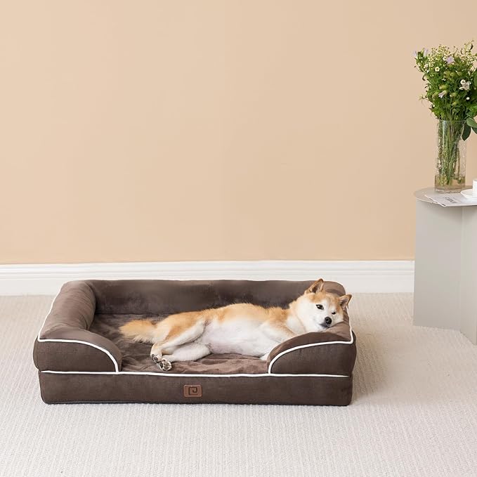EHEYCIGA Orthopedic Dog Bed for Medium Dogs, Waterproof Memory Foam Medium Dog Beds with Sides, Non-Slip Bottom and Egg-Crate Foam Pet Couch Bed with Washable Removable Cover, Brown