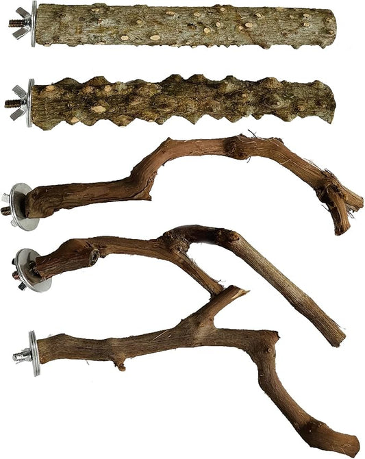 Allazone 5 PCS Natural Wooden Parrot Stand Bird Perch Stand Grape Stick Hanging Multi Branch Perch for Parrots, Bird Cage Accessories