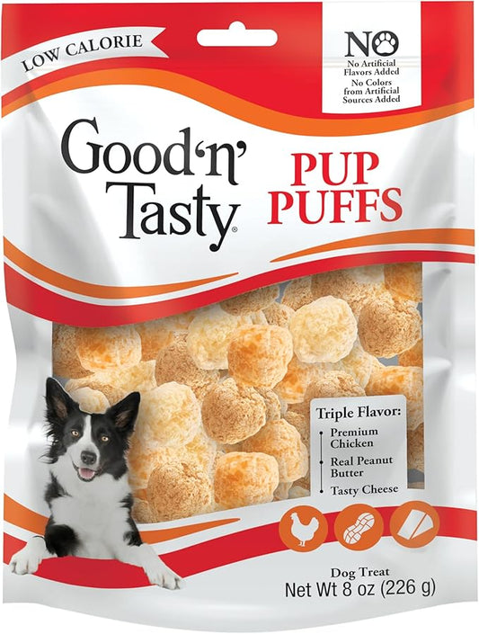 Good ‘n’ Tasty Pup Puffs, 8 Ounces, Low-Calorie Cheese Puff-Inspired Dog Treats, Flavored with Premium Chicken, Real Peanut Butter or Tasty Cheese, Light & Crispy Texture