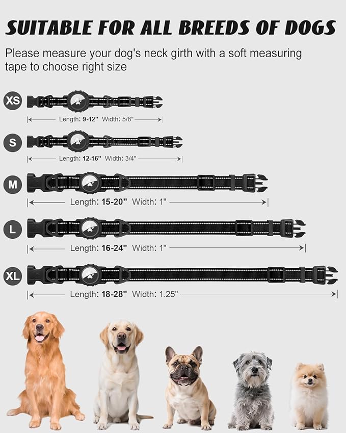Joytale Airtag Dog Collar, Dual D-Rings, Reflective Pet Collar with Waterproof AirTag Holder, Soft Padded Adjustable for Medium Dogs, Black, M