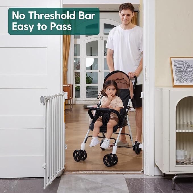 Babelio Baby Gate for Stairs & Doorways, 26-43" W 34" H Extra Tall| No Bottom Bar| Easy Installation| One-handed Operation| Auto-close| Hardware Mount (Drill Needed) Safety Dog/Pet Gate Indoor (White)
