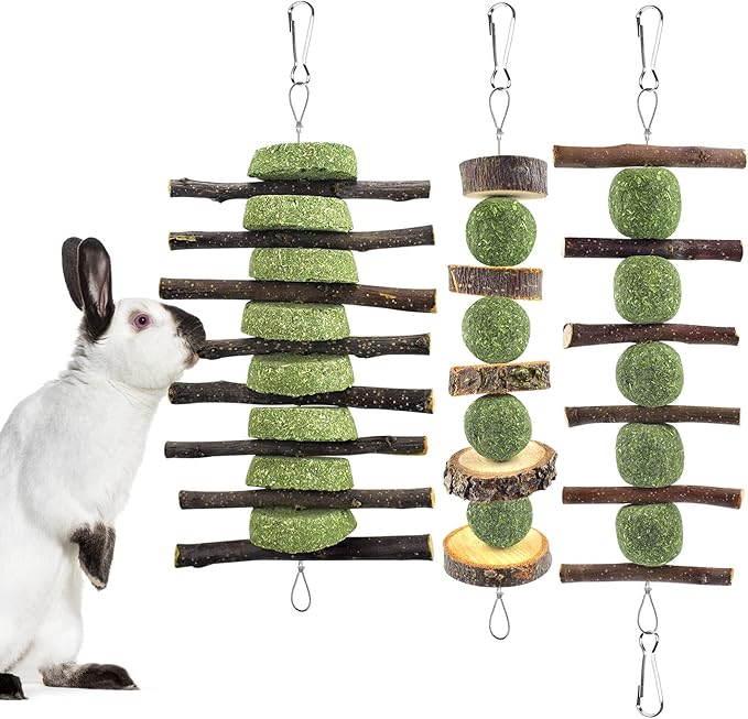 ERKOON Bunny Chew Toys, Rabbit Chew Toys for Teeth Grinding, Improve Dental Health, 100% Natural Apple Wood Timothy Grass Cake Treats for Rabbits Guinea Pigs Chinchillas Bunnies Hamsters (3 Pcs)