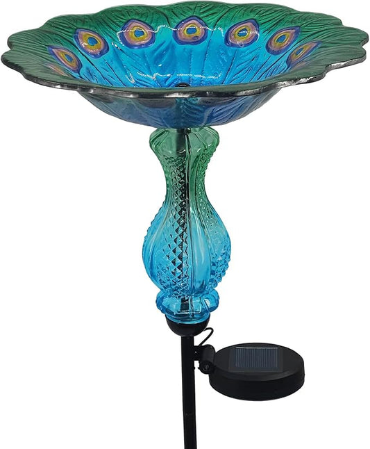 Blue Peacock Ground Stake Solar Bird Feeder for Outside,Bird Pond Outdoor Glass BirdBath with Metal Stake Garden Yard Outdoor, Garden Decoration Yard 32 inches