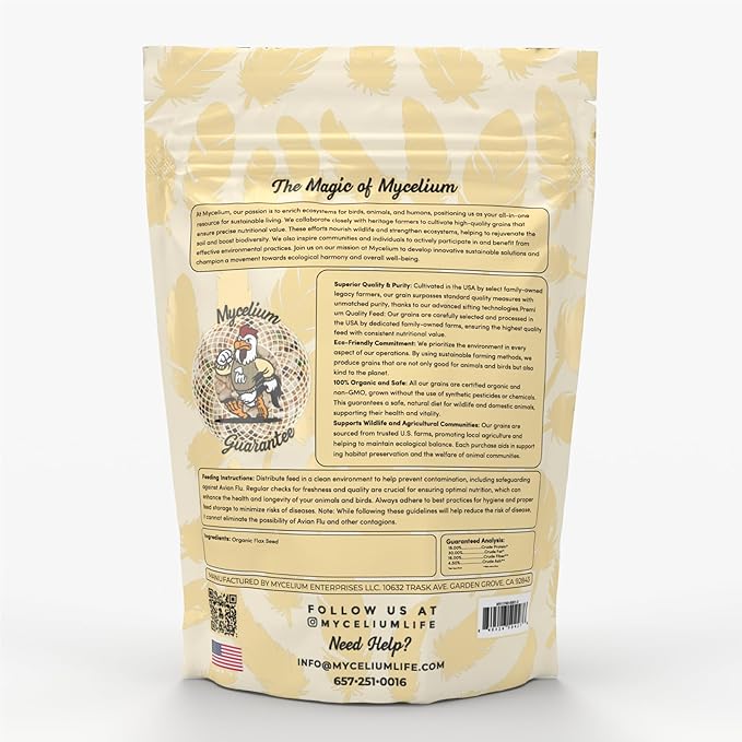 Mycelium Premium Flax Seed – Organic, Non-GMO, High Nutritional Value Bird Food for Cockatiels and Parrotlets, Sourced from Local USA Farms, Sustainable Farming, 5 lbs