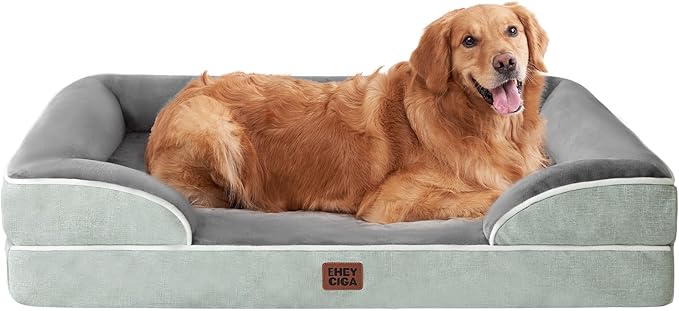 EHEYCIGA Orthopedic Dog Beds for Large Dogs, Waterproof Memory Foam Large Pet Bed with Sides, Non-Slip Bottom and Egg-Crate Foam Dog Couch Bed with Washable Removable Cover, Greyish Green