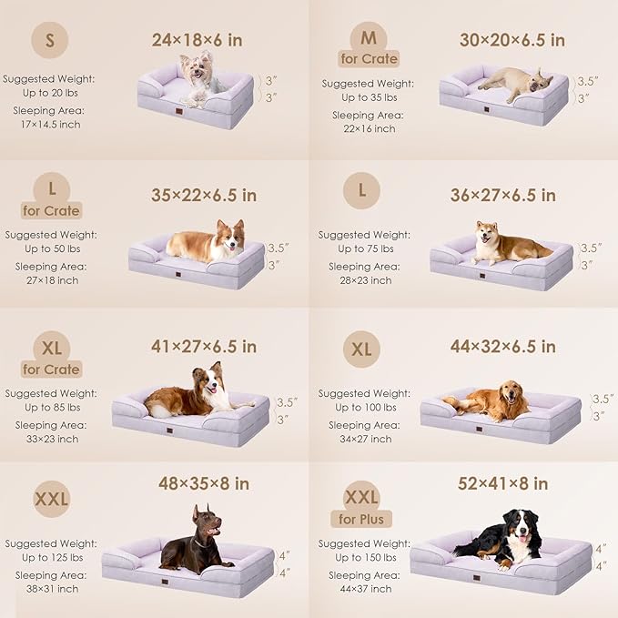 EHEYCIGA Orthopedic Dog Beds for Large Dogs, Waterproof Memory Foam Large Dog Bed with Sides, Non-Slip Bottom and Egg-Crate Foam Pet Couch Bed with Washable Removable Cover, Lilac