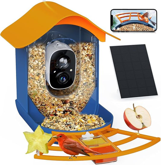 PeckCam® Smart Bird Feeder with Camera 2K HD Auto Detect & Notify, AI Identify 10000+ Birds Camera with Solar Panel 5 Perch Attachments Wireless Outdoor Birdwatching Gift for Birds Lover, Orange